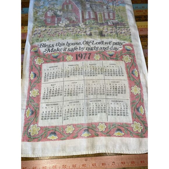1977 Vintage Tea Towel Calendar Bless This House Prayer Kitchen LINEN Wall Decor - Picture 4 of 7
